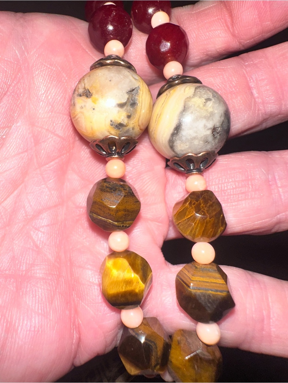 Handcrafted  Yellow Jade, Coral, Tigers Eye, pearl, carnelian, Carved  Pendant. - Picture 6 of 8